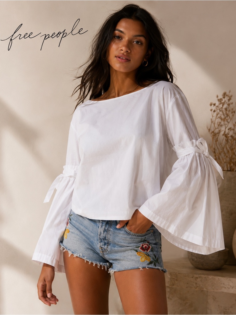 Free People So Obviously Yours Bell Sleeve Top White Tie Back Cotton S Boho C7